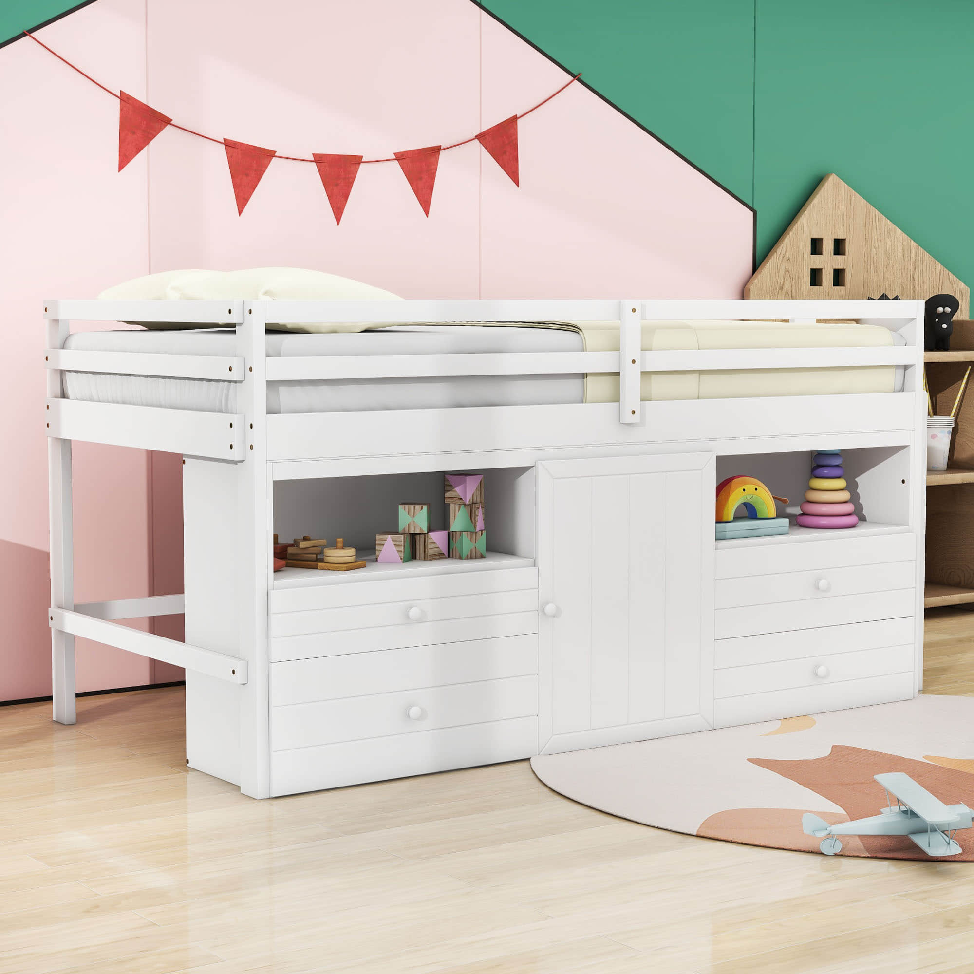 Low Twin Loft Bed Frame with Storage for Kids - [Drawers, Cabinet, Shelves]