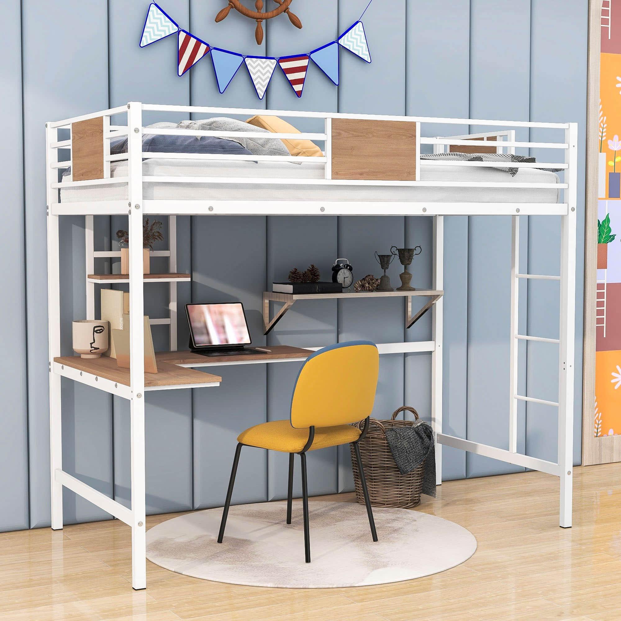 Metal Twin High Loft Bed with Desk and Shelve for Adults Teenagers