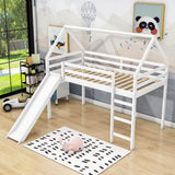 Wood House Twin Loft Bed for Kids with Slide