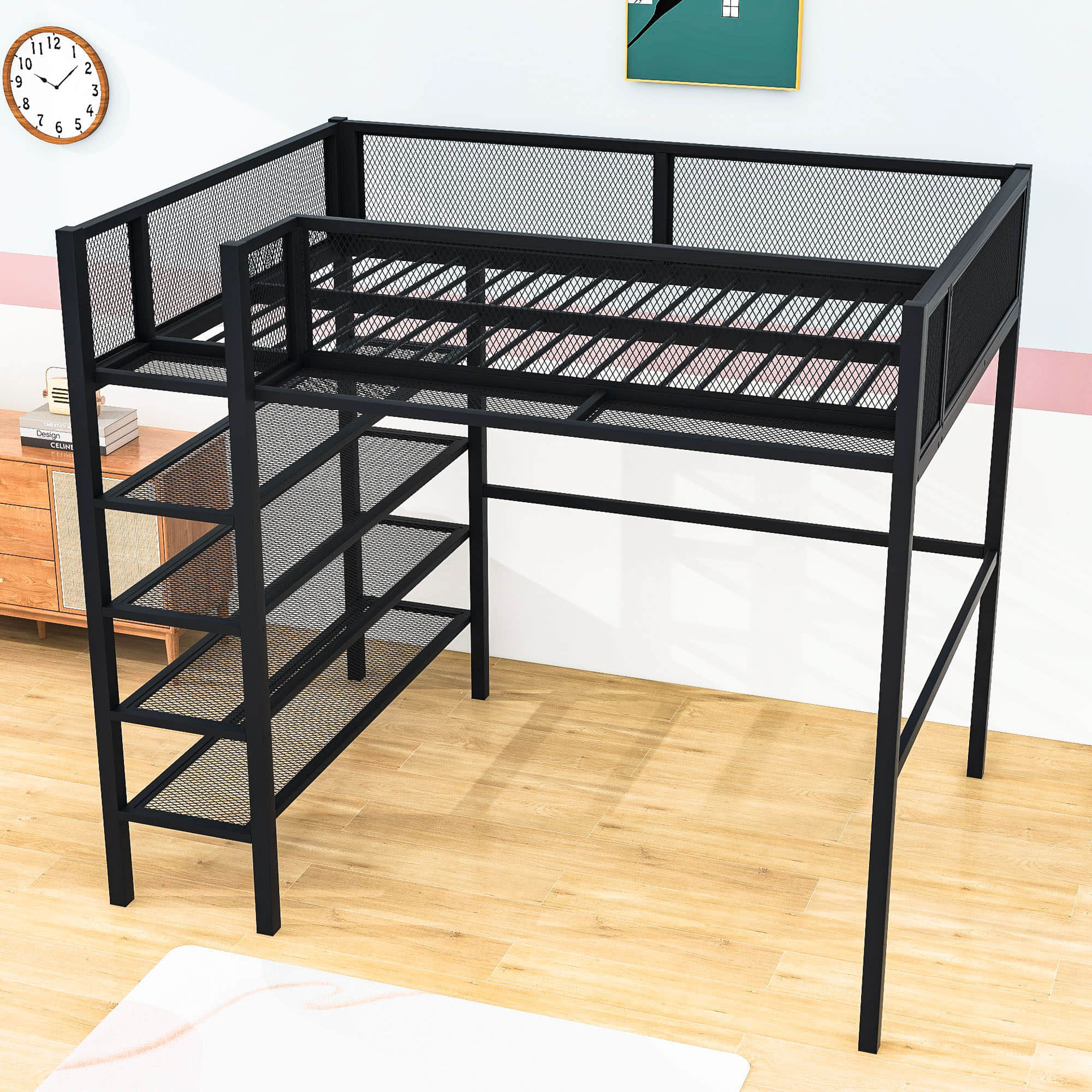 Sturdy Twin Metal Loft Bed Frame with Storage Shelves for Adults, Kids