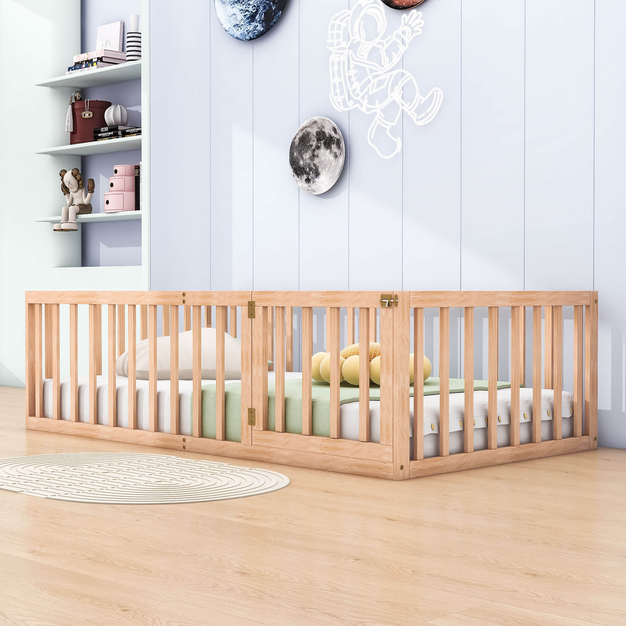 Wood Twin Size Montessori Toddler Floor Bed Frame with Rails and Door