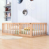 Wood Twin Size Montessori Toddler Floor Bed Frame with Rails and Door