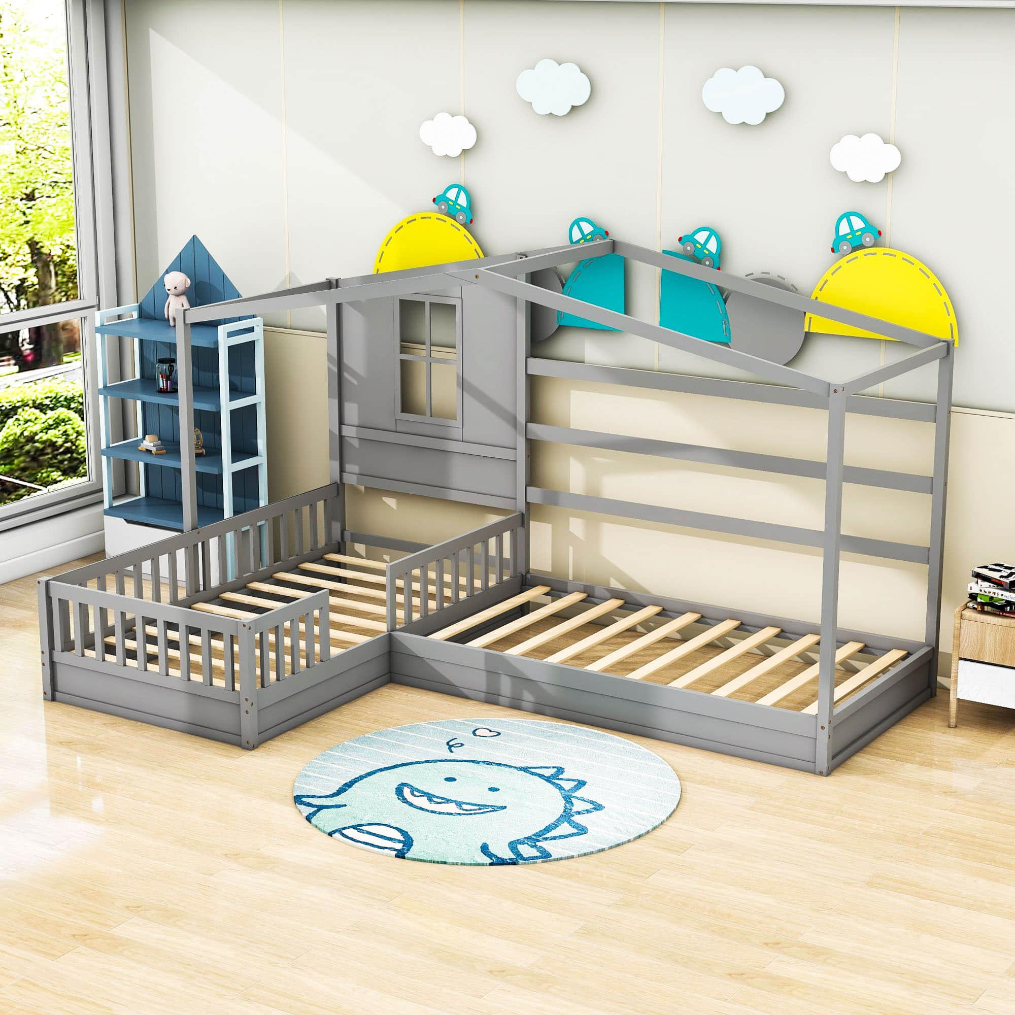 Wooden Montessori Twin Size House Double Kids Bed with Rails