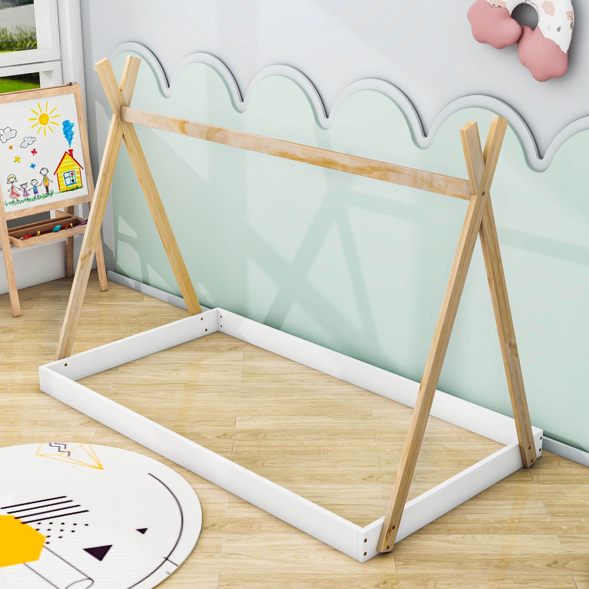 Kids Twin Tent Floor Bed for Toddler - [Montessori, Wooden, Teepee]