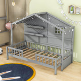 Low Profile Twin House Bed Frame for Kids with Rails and Light Strip