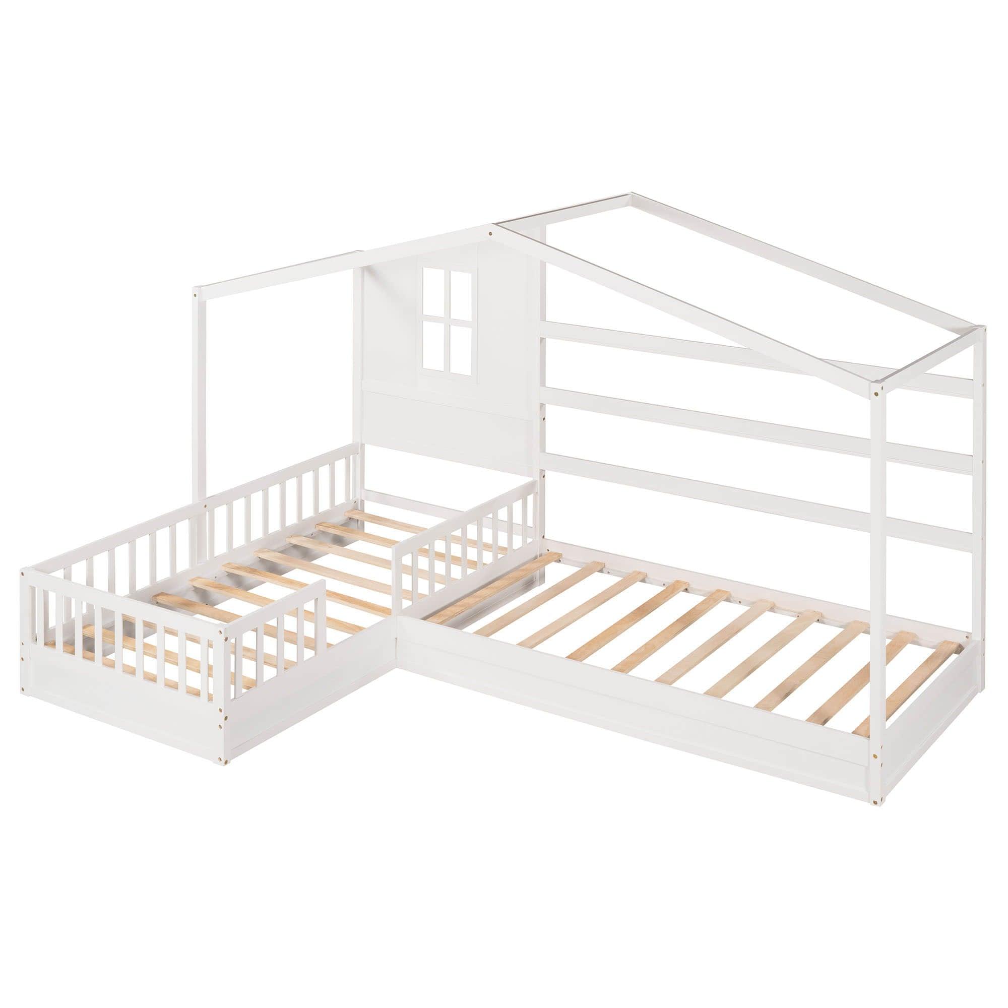 Wooden Montessori Twin Size House Double Kids Bed with Rails