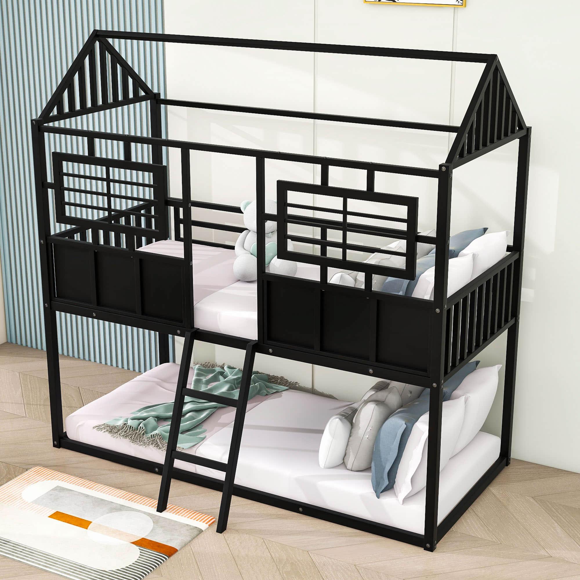 Twin Over Twin Low House Bunk Beds for Kids, Toddler - [Metal, Floor, Black]