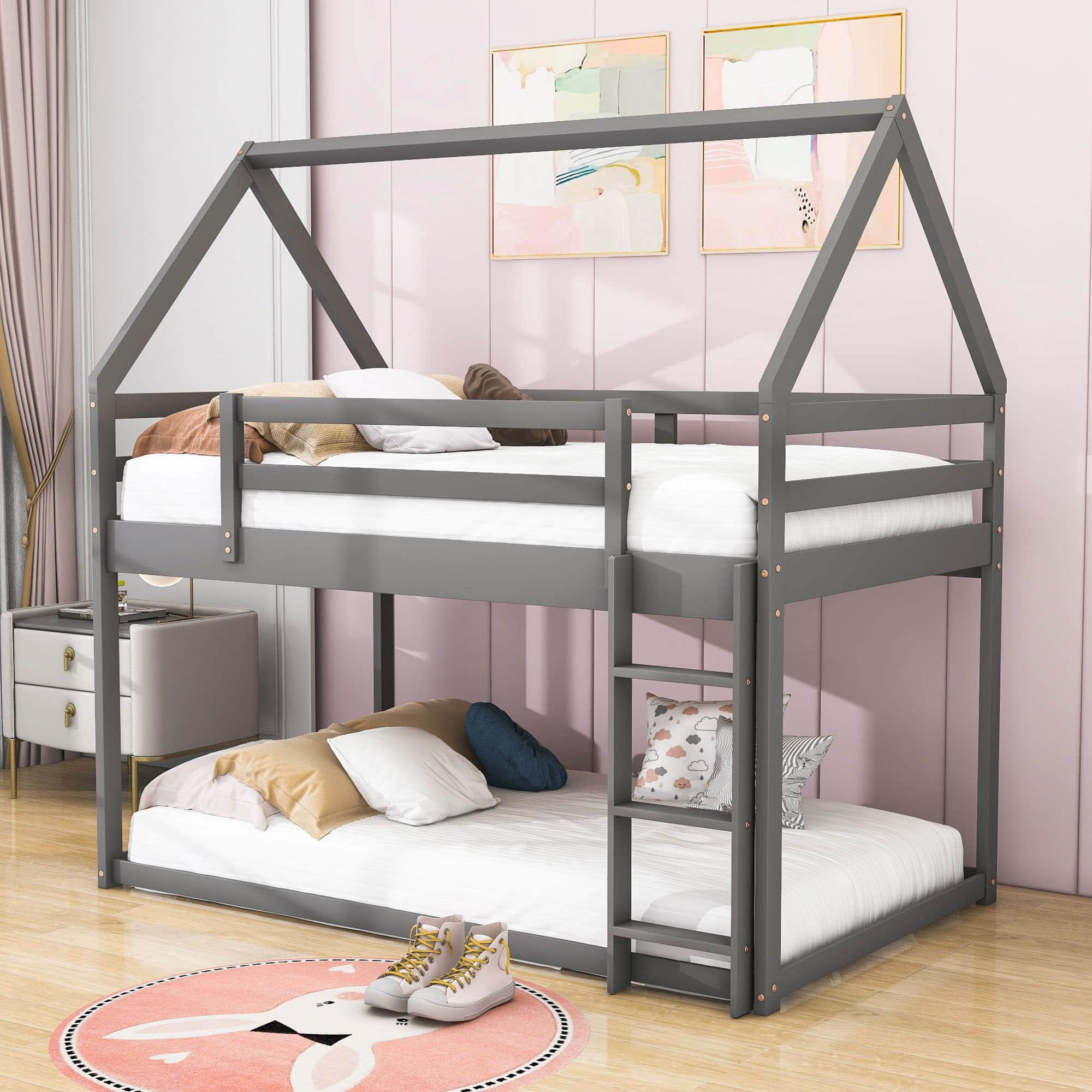 Montessori Wood House Twin over Twin Loft Bunk Bed for Kids, Toddler - [Low]