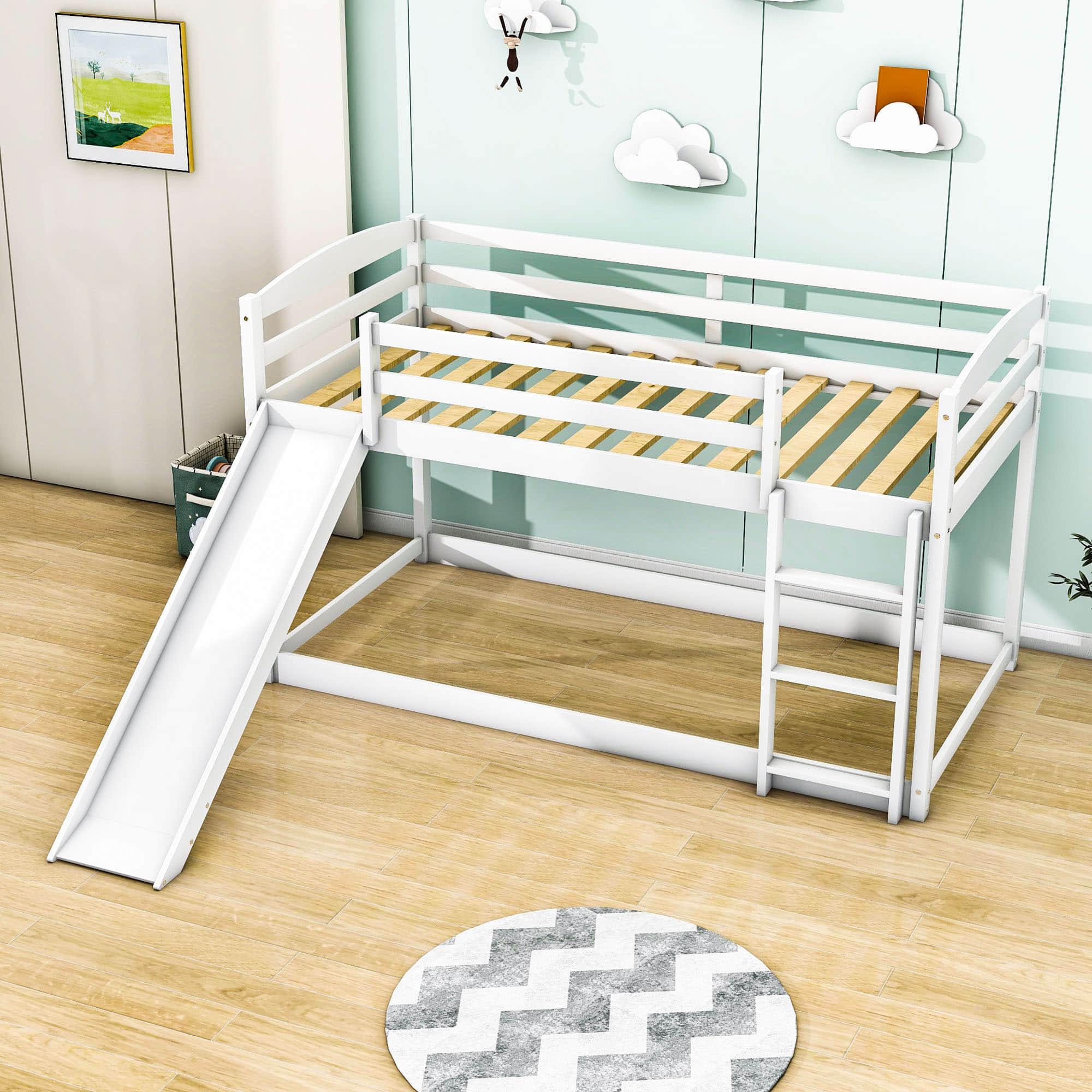 Low Twin Over Twin Bunk Bed with Slide for Kids, Toddler - Wooden, Floor, Interchangeable