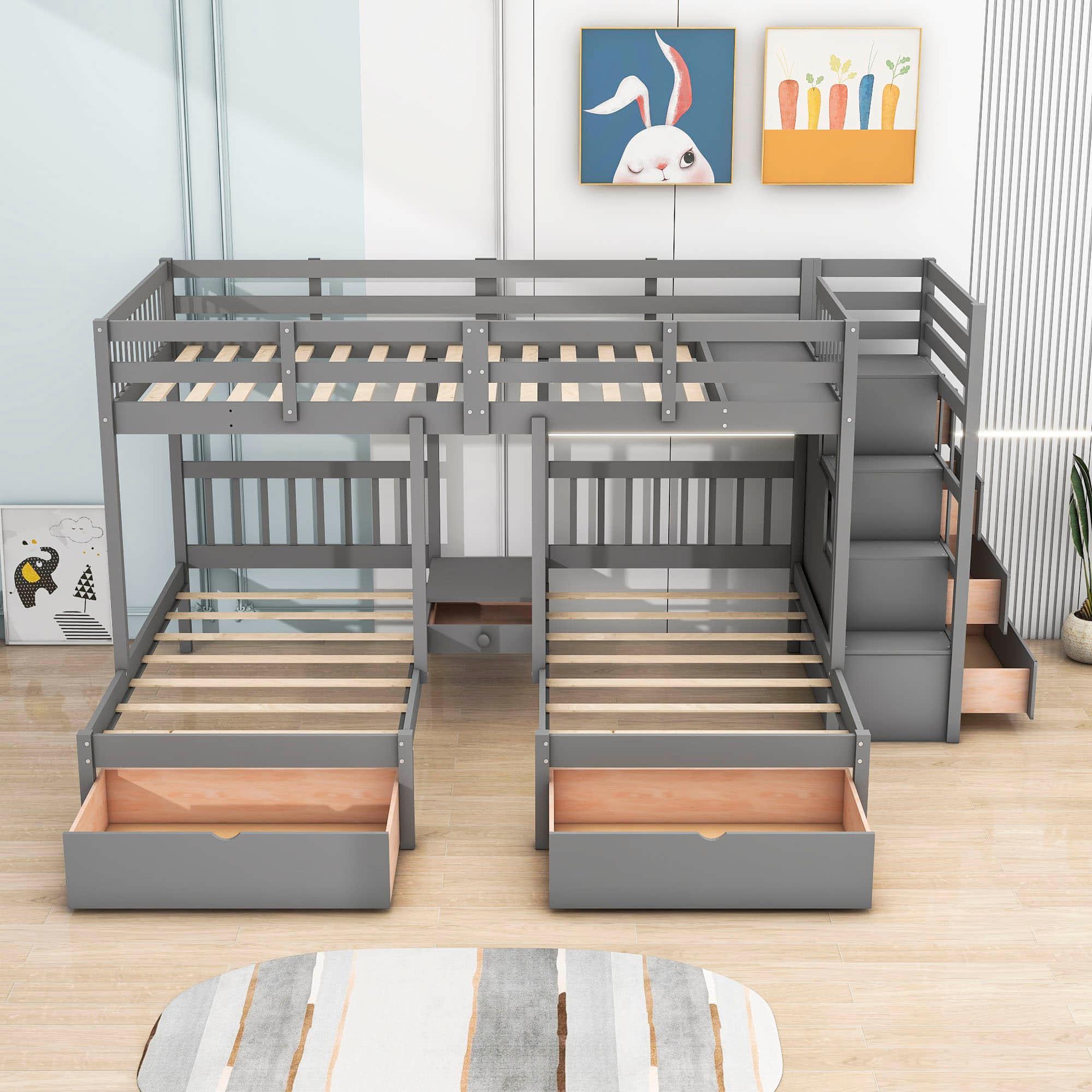 Wood Full Over Twin & Twin L-Shaped Triple Bunk Bed with Stairs and Drawers