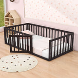 Wood Twin Size Montessori Toddler Floor Bed Frame with Rails and Door