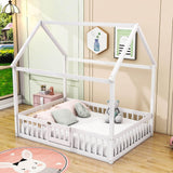 Full Size Wood House Toddler Floor Bed with Rails and Door