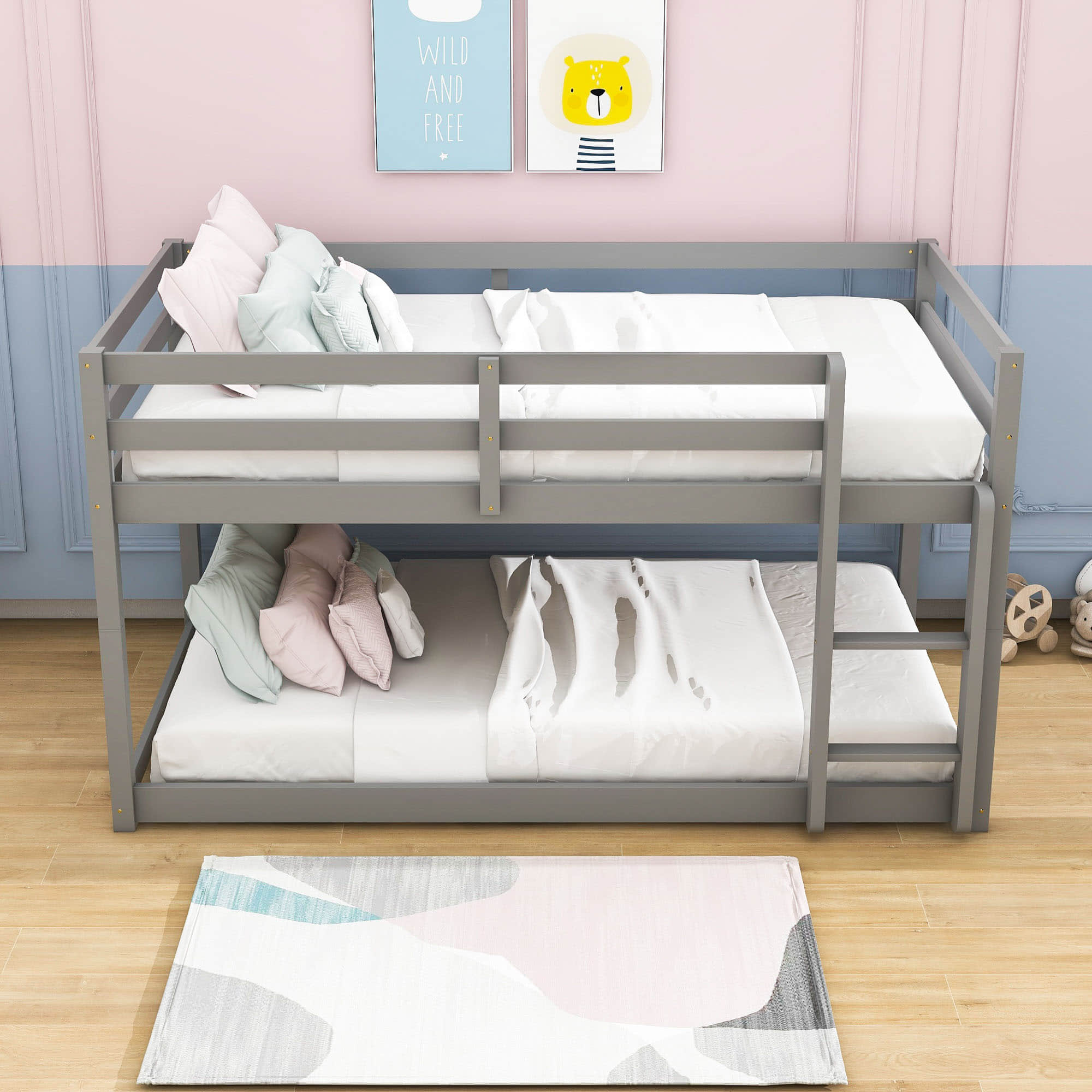 Wooden Low Twin Over Twin Floor Toddler Bunk Beds