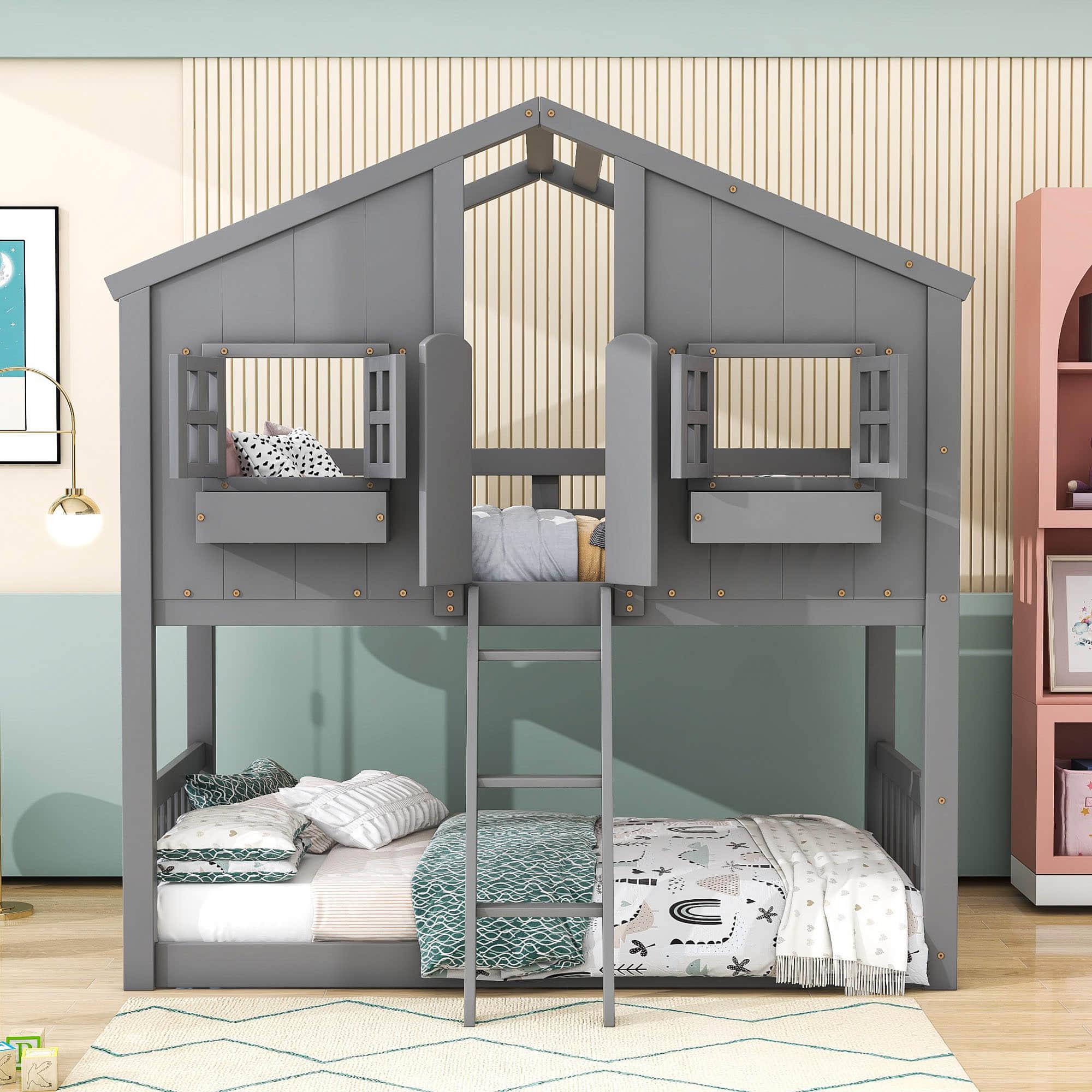 Low Twin Over Twin FarmHouse Bunk Beds for Kids, Toddler - [Wooden, Floor]