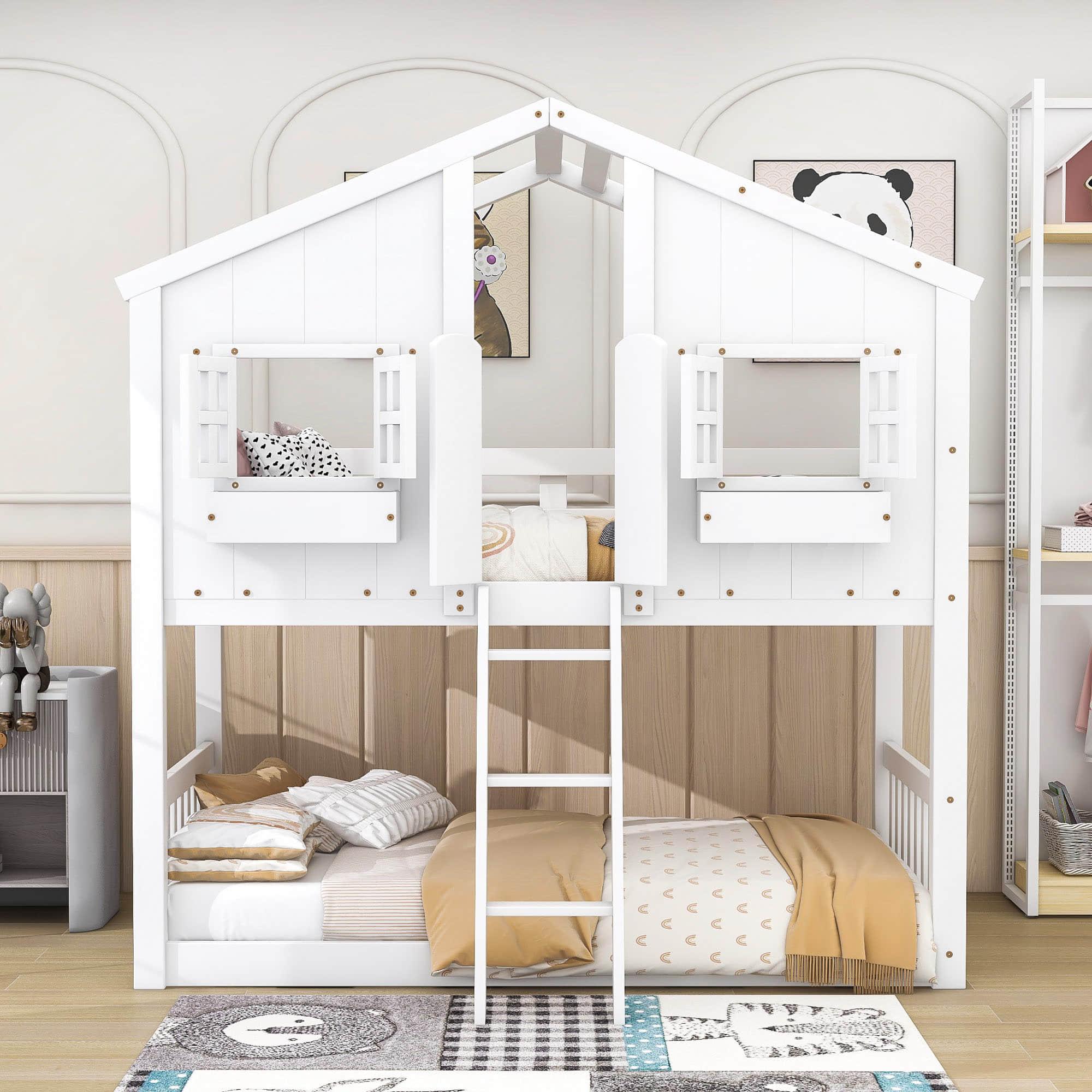 Low Twin Over Twin FarmHouse Bunk Beds for Kids, Toddler - [Wooden, Floor]