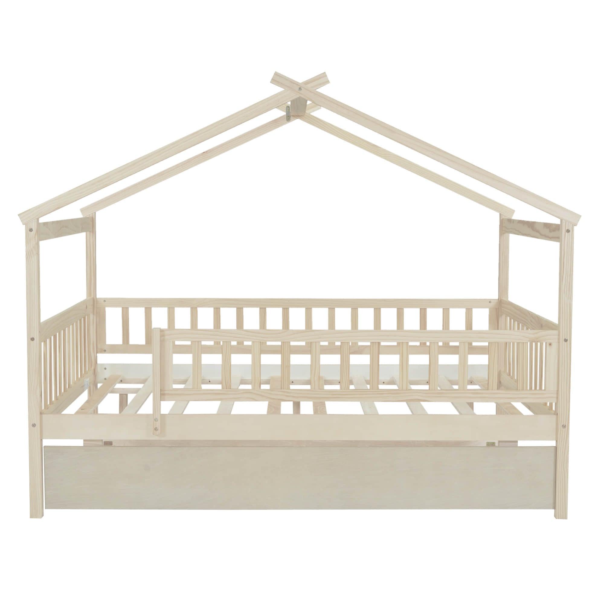 Wooden Full Size House Bed Frame with Twin Trundle for Kids, Toddler