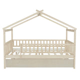 Wooden Full Size House Bed Frame with Twin Trundle for Kids, Toddler