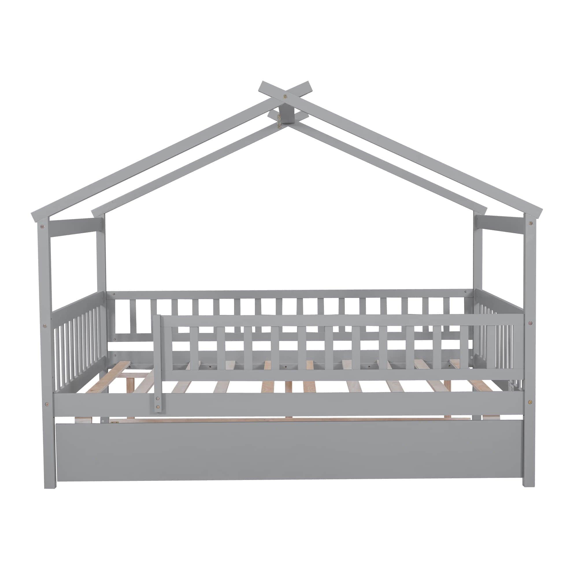 Wooden Full Size House Bed Frame with Twin Trundle for Kids, Toddler