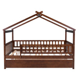 Wooden Full Size House Bed Frame with Twin Trundle for Kids, Toddler