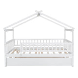 Wooden Full Size House Bed Frame with Twin Trundle for Kids, Toddler