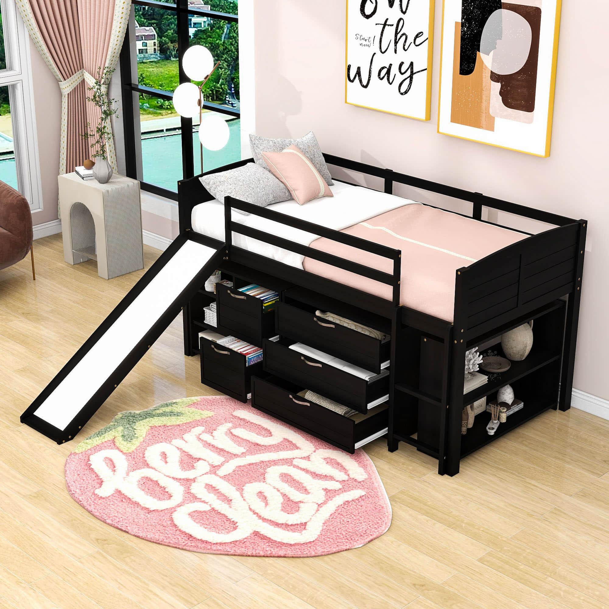 Low Twin Loft Bed with Slide and Detachable Dresser, Cabinet for Kids - [Wood]