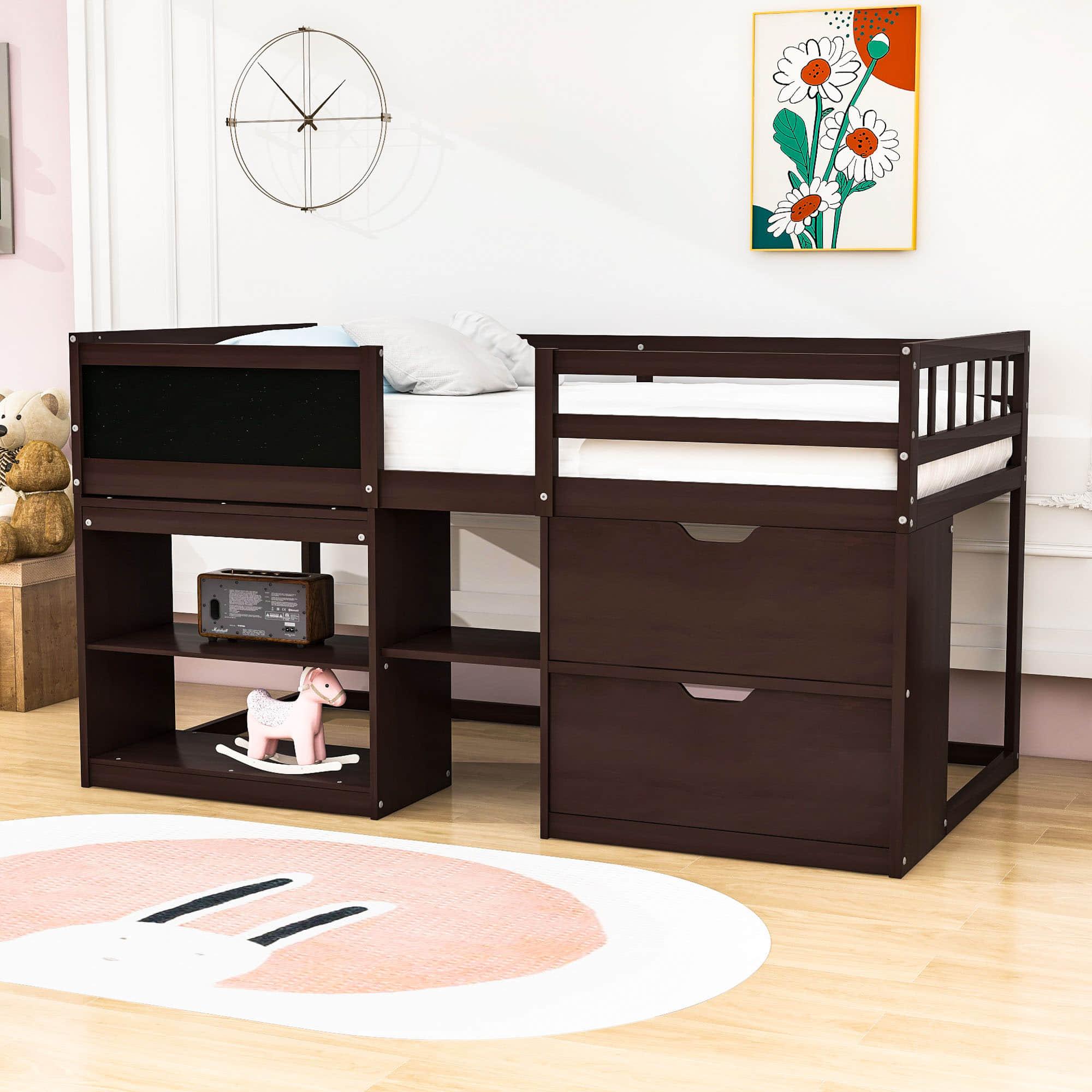 Kids Low Twin Loft Bed with Rolling Desk and Storage - [Drawers, Shelves]