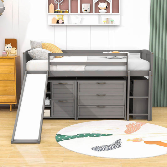 Low Twin Loft Bed with Slide and Detachable Dresser, Cabinet for Kids - [Wood]