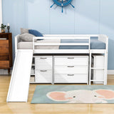 Low Twin Loft Bed with Slide and Detachable Dresser, Cabinet for Kids - [Wood]