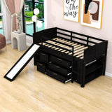 Low Twin Loft Bed with Slide and Detachable Dresser, Cabinet for Kids - [Wood]