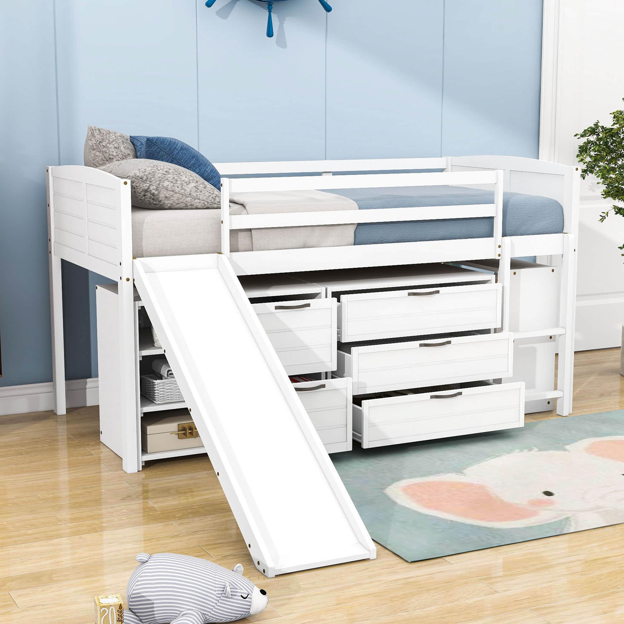 Low Twin Loft Bed with Slide and Detachable Dresser, Cabinet for Kids - [Wood]