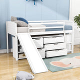 Low Twin Loft Bed with Slide and Detachable Dresser, Cabinet for Kids - [Wood]