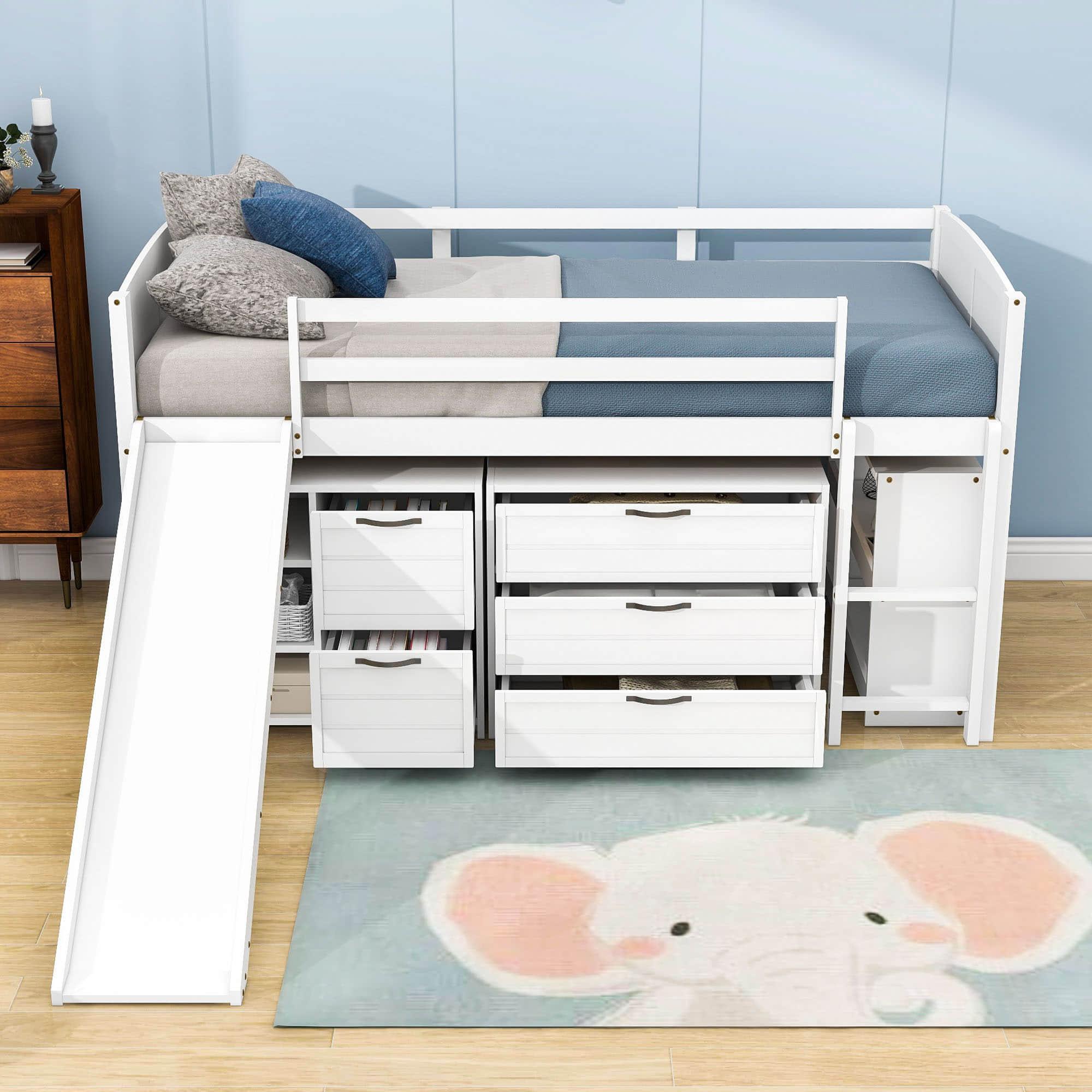 Low Twin Loft Bed with Slide and Detachable Dresser, Cabinet for Kids - [Wood]