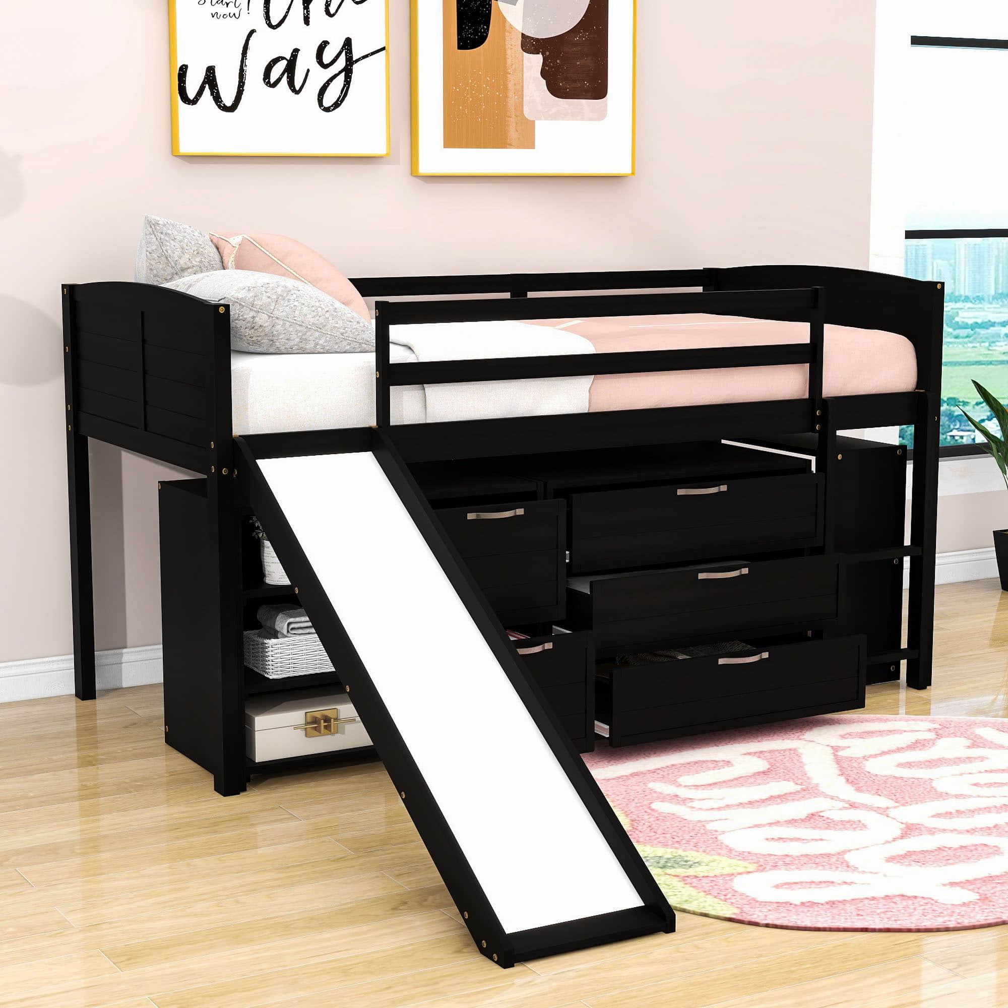 Low Twin Loft Bed with Slide and Detachable Dresser, Cabinet for Kids - [Wood]