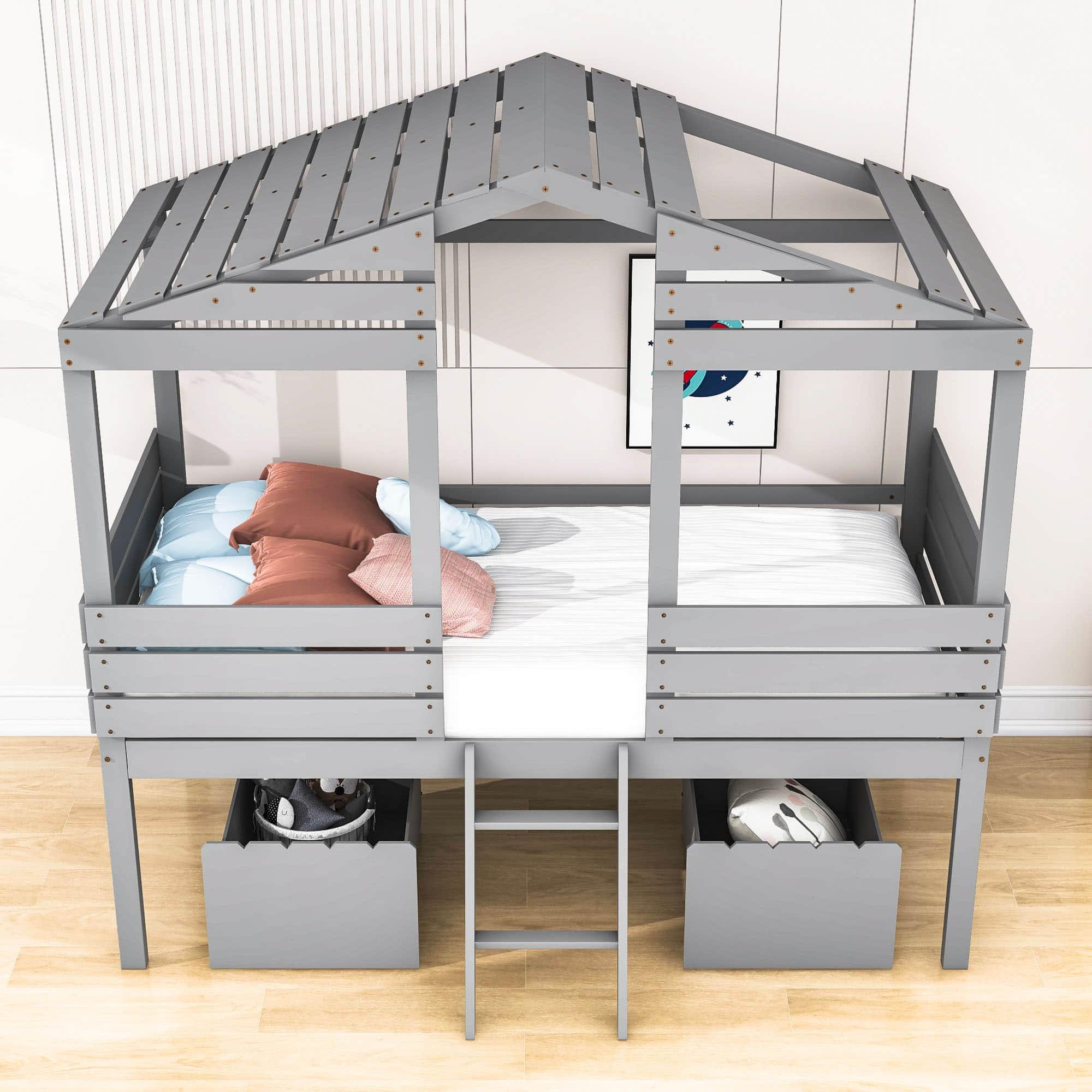 Twin Low Loft FarmHouse Bed with Storage Drawers for Kids - [Wood]