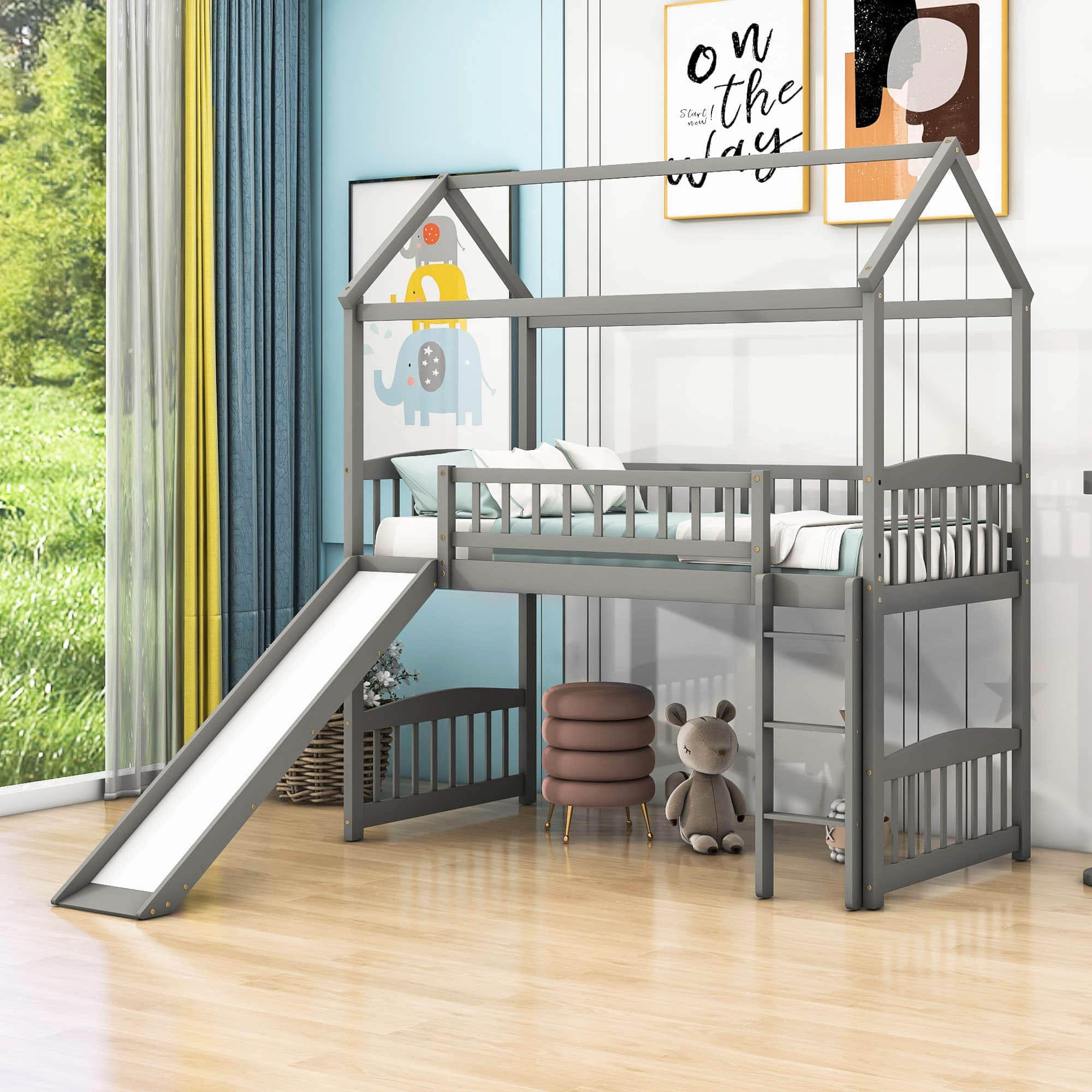 Twin Size Low House Loft Bed with Slide for Kids - [Wood]