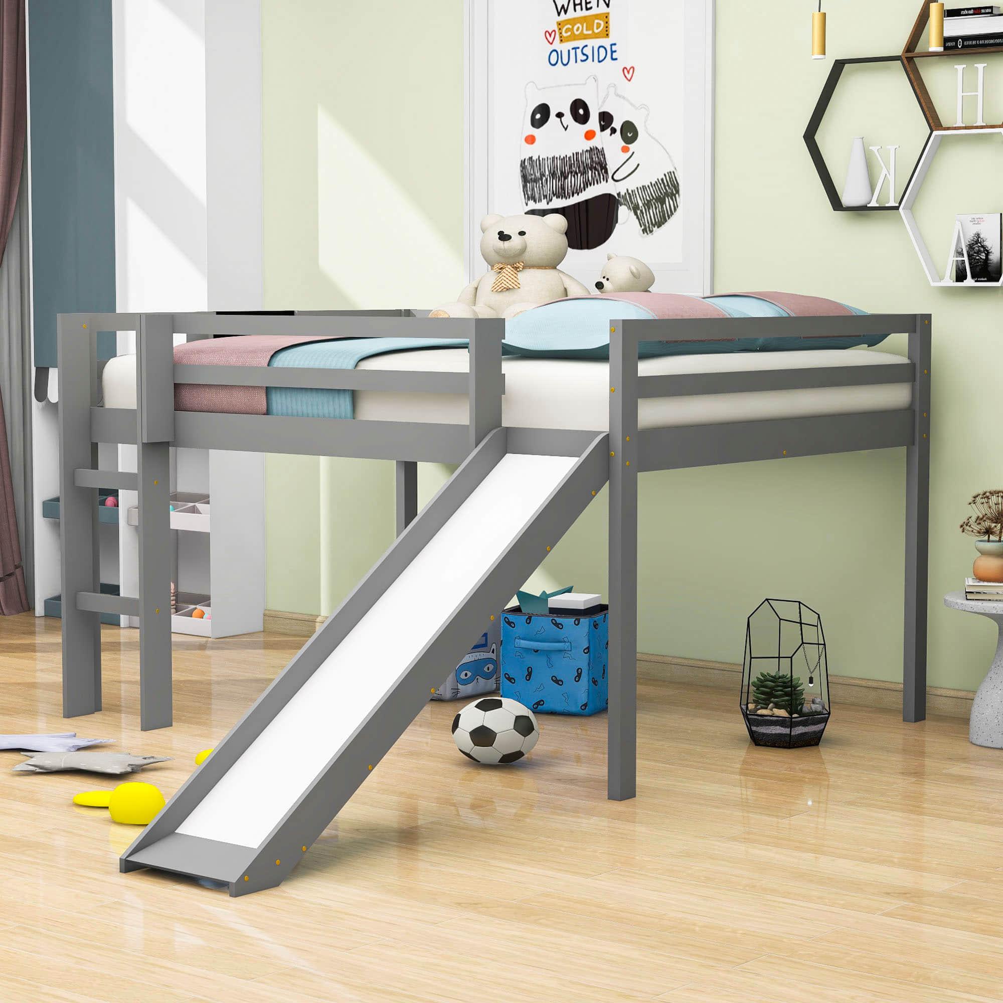 Full Size Scandinavian Convertible Low Loft Bed with Slide and Chalkboard for Kids - [Ladder, Wood]