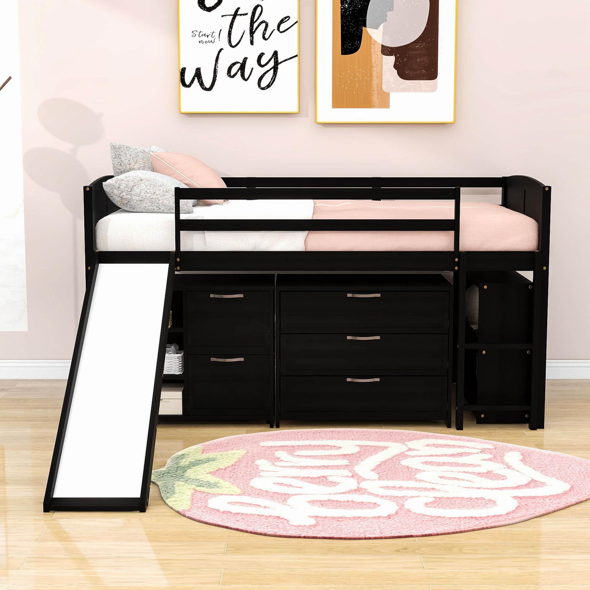 Low Twin Loft Bed with Slide and Detachable Dresser, Cabinet for Kids - [Wood]