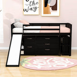 Low Twin Loft Bed with Slide and Detachable Dresser, Cabinet for Kids - [Wood]