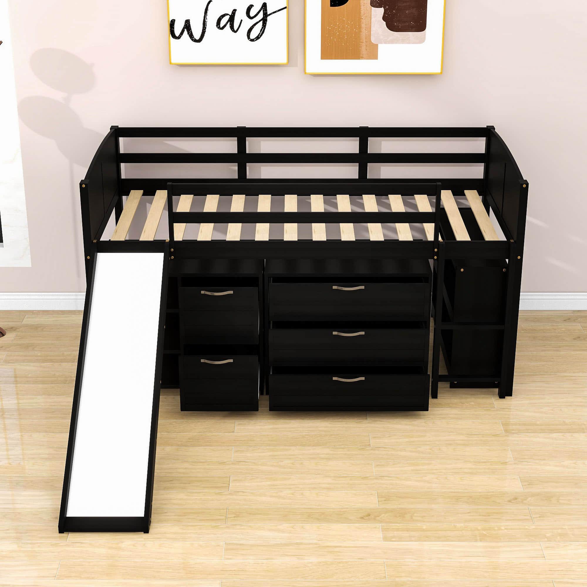 Low Twin Loft Bed with Slide and Detachable Dresser, Cabinet for Kids - [Wood]