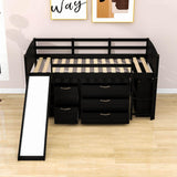 Low Twin Loft Bed with Slide and Detachable Dresser, Cabinet for Kids - [Wood]