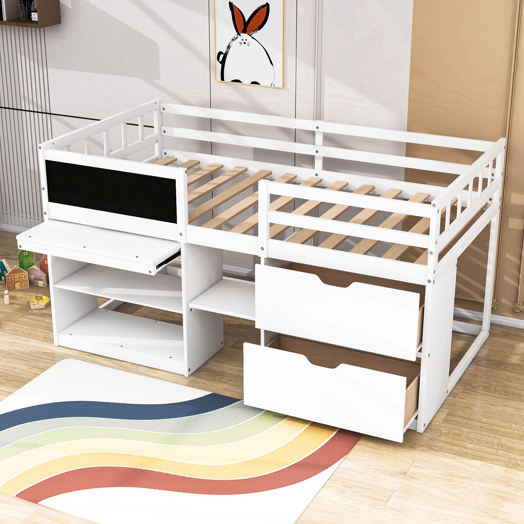 Kids Low Twin Loft Bed with Rolling Desk and Storage - [Drawers, Shelves]