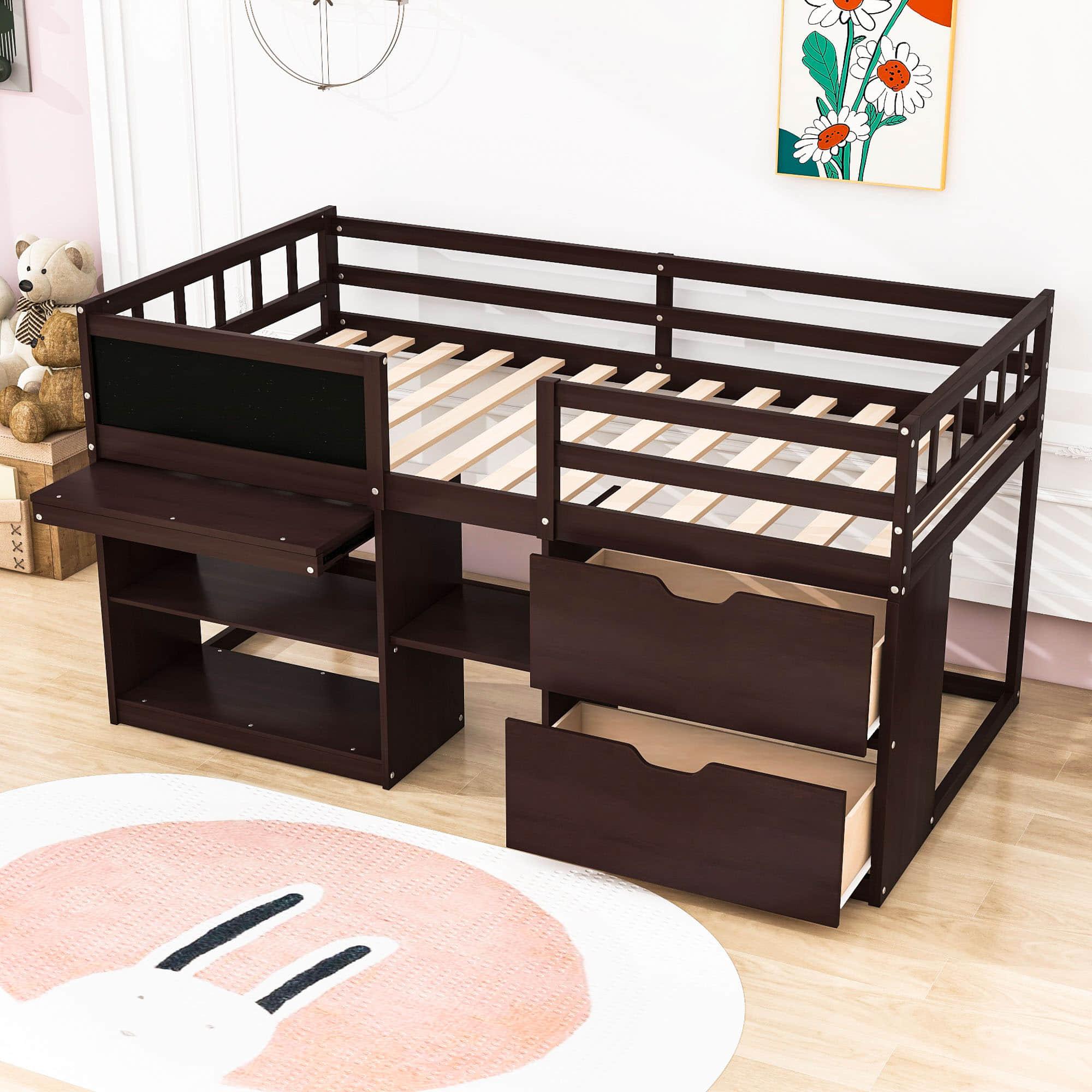 Kids Low Twin Loft Bed with Rolling Desk and Storage - [Drawers, Shelves]