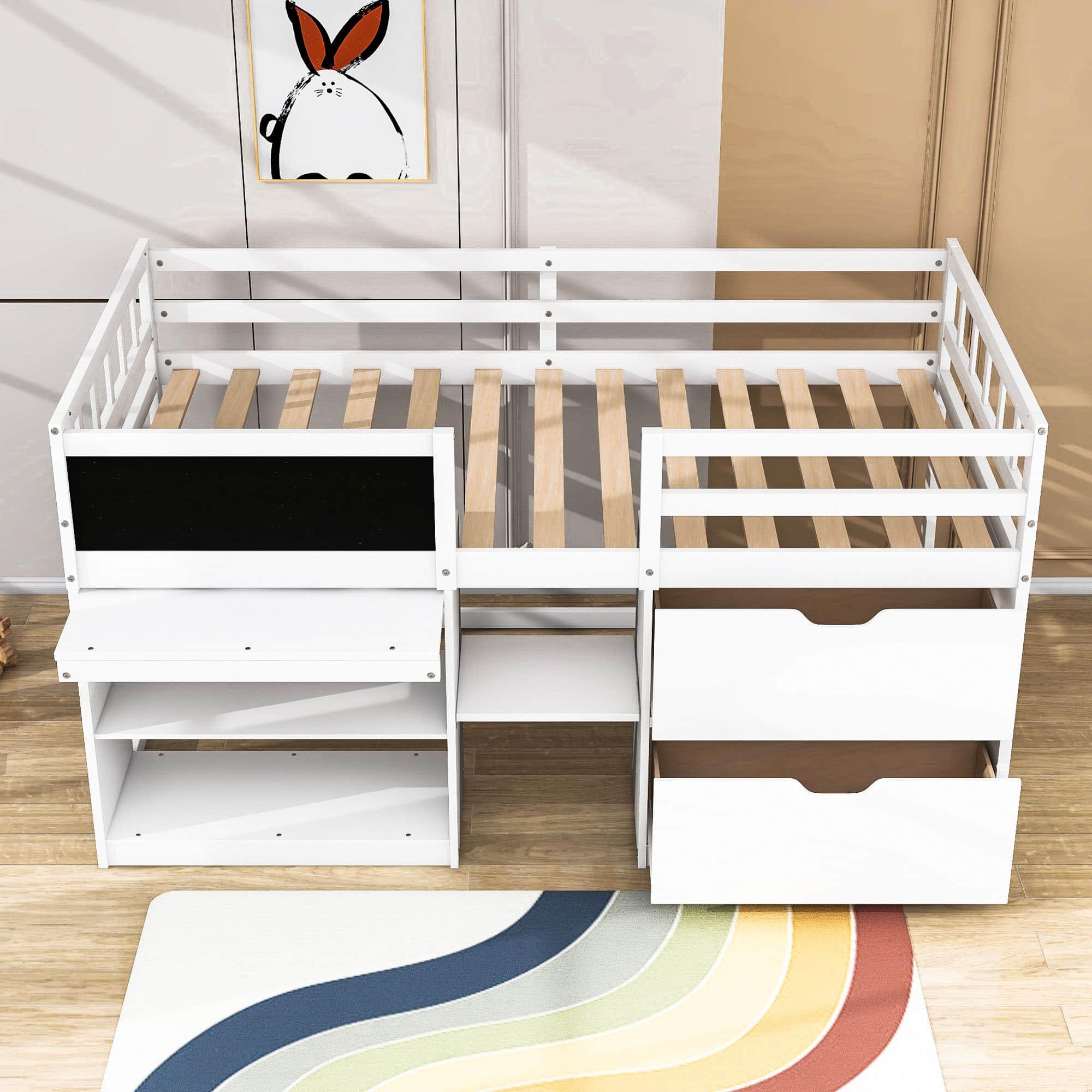 Kids Low Twin Loft Bed with Rolling Desk and Storage - [Drawers, Shelves]