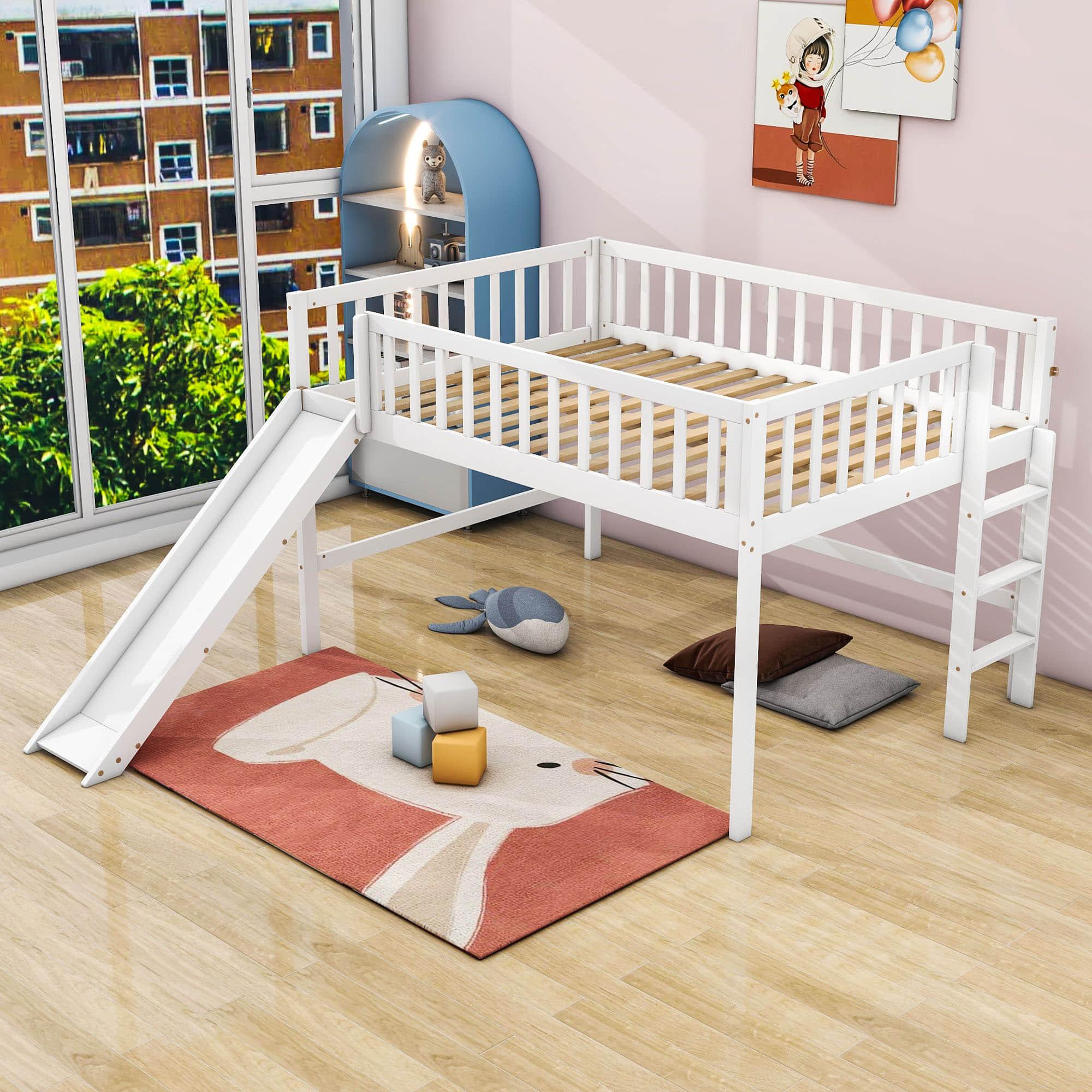 Full Size Low Loft Bed with Slide for Kids Toddler - [Wooden, Fun]