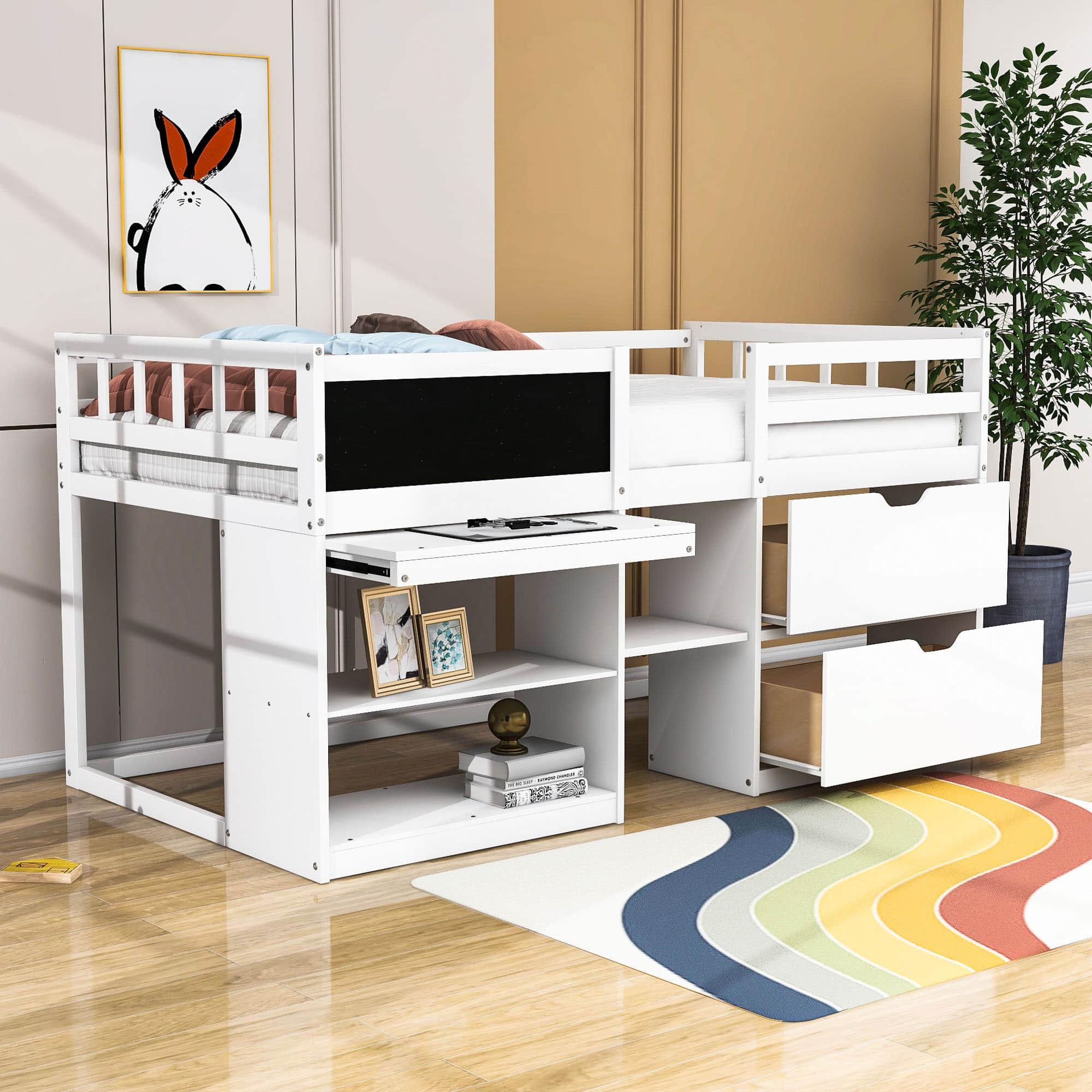 Kids Low Twin Loft Bed with Rolling Desk and Storage - [Drawers, Shelves]