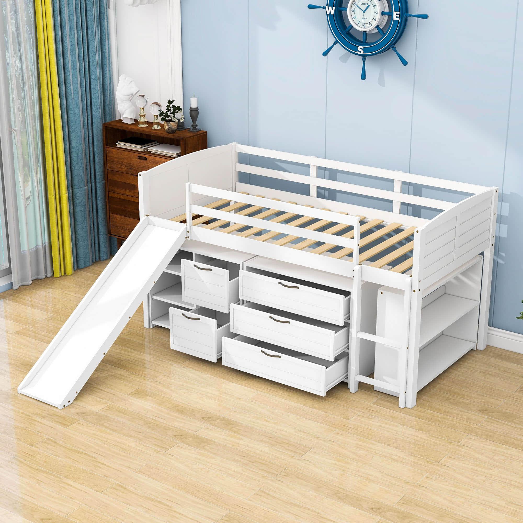 Low Twin Loft Bed with Slide and Detachable Dresser, Cabinet for Kids - [Wood]