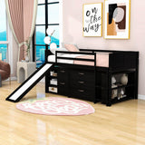 Low Twin Loft Bed with Slide and Detachable Dresser, Cabinet for Kids - [Wood]