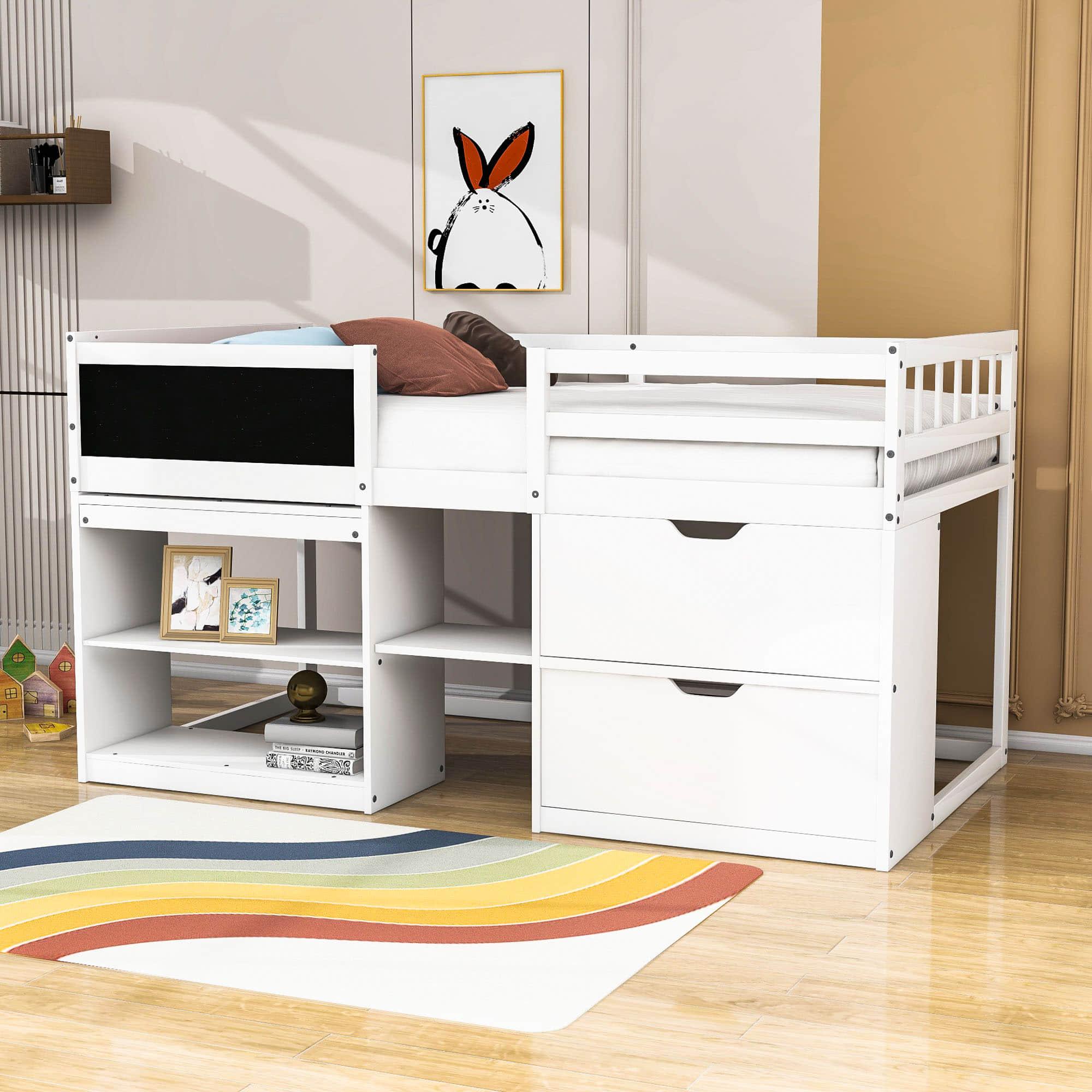 Kids Low Twin Loft Bed with Rolling Desk and Storage - [Drawers, Shelves]