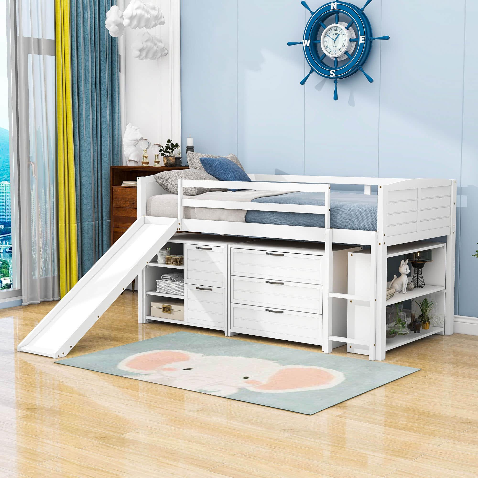 Low Twin Loft Bed with Slide and Detachable Dresser, Cabinet for Kids - [Wood]