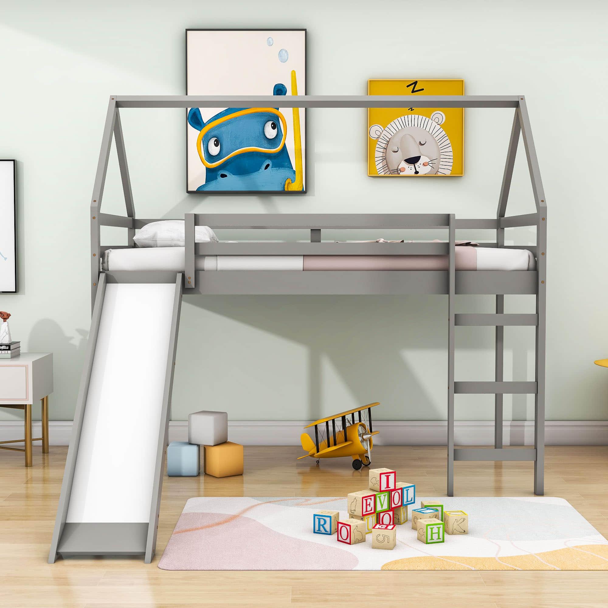 Wood House Twin Loft Bed for Kids with Slide